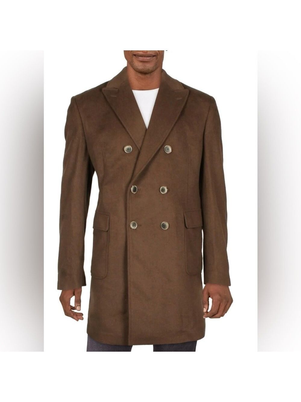 Tallia Men's Brown Wool Slim-Fit Double-Breasted Overcoat Coat Size Large